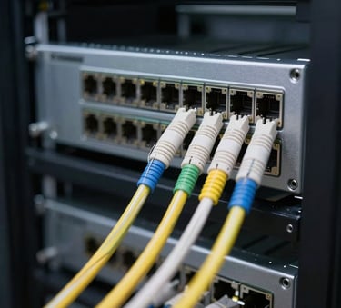 Close-up of high-speed fiber optic cables and networking hardware in a modern data center, professional photography, clean lighting emphasizing efficiency and modern technology.