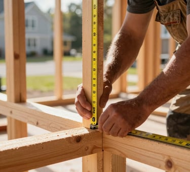 Close-up of a skilled tradesperson measuring timber framing for a new house addition, sunlight filtering through the structure, North American suburban setting, professional and rugged atmosphere.