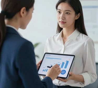 A professional female advisor in a modern office using a tablet to show financial growth charts, clean minimalist background with hints of corporate blue #405D72, soft natural lighting.