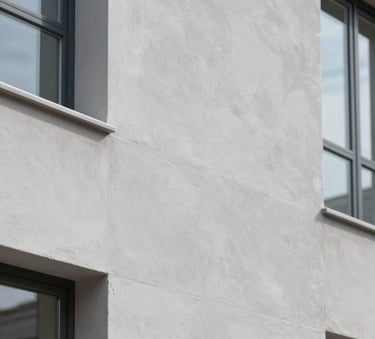 A close-up of a perfectly executed light grey plaster facade (crépi) on a modern Western European building, showing smooth texture and professional finishing under bright daylight.