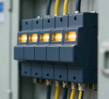 A close-up, high-end photograph of a modern commercial electrical panel with tidy wiring, featuring deep navy shadows and warm yellow accent lighting from indicator lights, reflecting a professional #0D1C2B and #EBC86F palette.