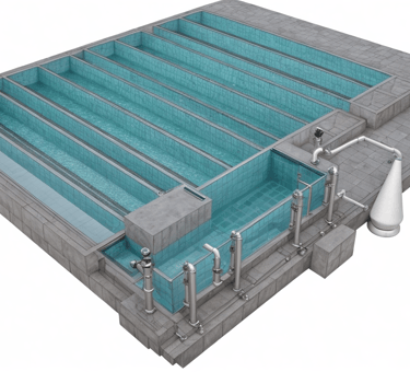 A 3D rendering of trout farm, outdoor farming with filtration equipments