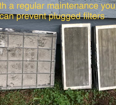 a photo with a regular maintenance applied to avoid plugged filters with message in yellow to have regular maintenance