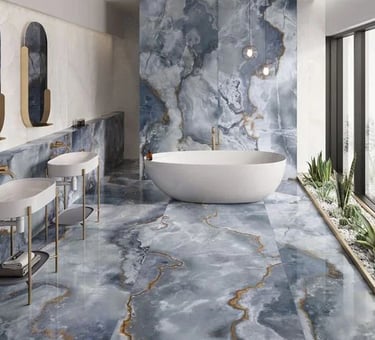 a bathroom with a tub tub and a large window