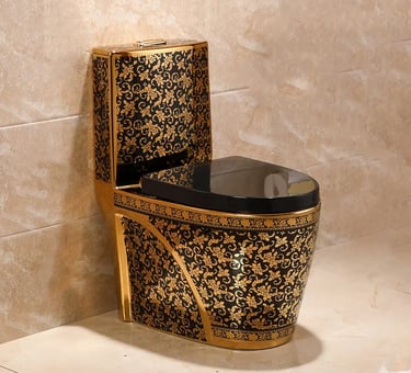 a toilet with a black and gold toilet seat cover