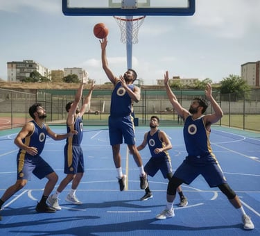 a group of young men playing basketball on a court