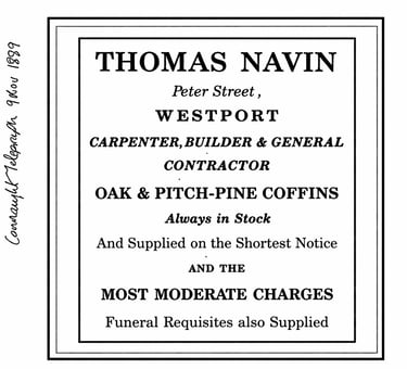 Vintage 1889 newspaper advertisement for Thomas Navin, a carpenter and coffin builder in Westport.