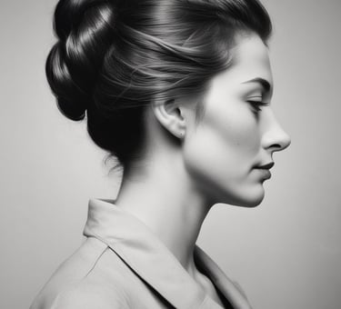 Perfil lateral de una mujer con un elegante peinado recogido trenzado en un retrato.