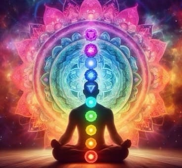A silhouette of a person meditating in lotus pose with seven glowing chakras against a colorful mandala background.