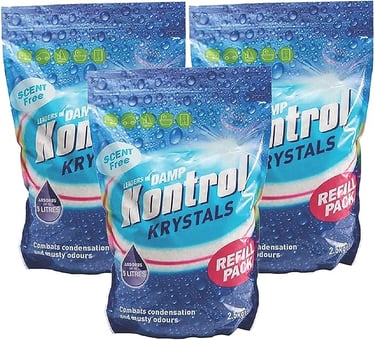 Three bags of Kontrol Krystals moisture absorber refill crystals for dehumidifiers to stop condensation.