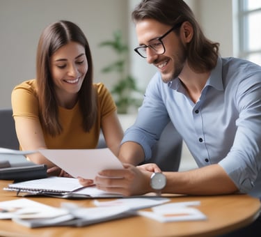 a man and woman sitting at a table with papers