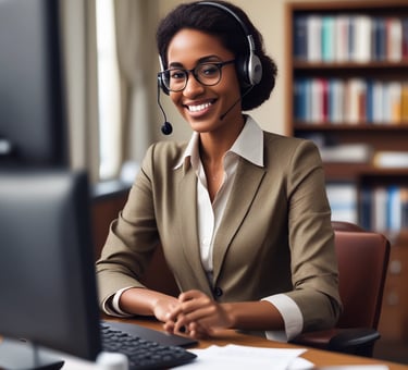 A professional consultation setting with a medical professional sitting at a desk facing a client. The room has a modern aesthetic with white walls decorated with framed certificates. The desk is organized with office supplies, a laptop, and a fruit bowl in the center.