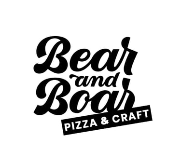 Black and white Bear and Boar Pizza and Craft restaurant logo with cursive and sans-serif typography.