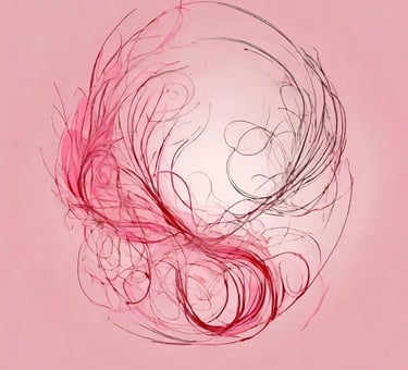 An abstract red line drawing which creates a pleasing form through swirls which looks like a wreath