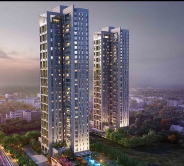 a tall building with a pool and a swimming pool