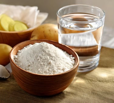 a bowl of starch with a glass of water and potatoes in the background