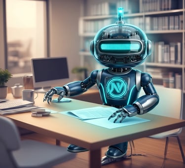 A futuristic AI robot assistant working at a desk with documents in a modern office.