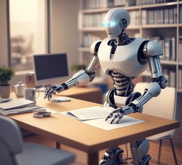 A white humanoid AI robot sitting at a desk in an office workspace reading documents for automated data processing.