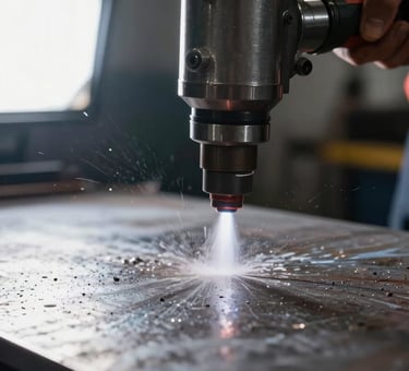 Extreme close-up side view of a waterjet cutting head firing a focused stream into a thick steel plate, bright studio light from the left, water and abrasive particles visible mid-cut, dark industrial background, sharp technical framing