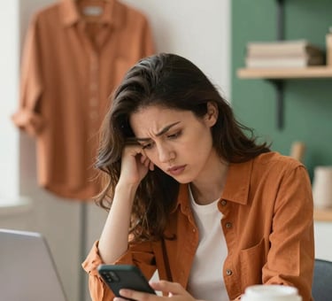 A stressed but professional boutique owner in the Hudson Valley sitting at a desk with a phone and coffee, warm natural lighting, hints of Burnt Orange (#D4692A) and Forest Green (#2D6A4F) in the decor.