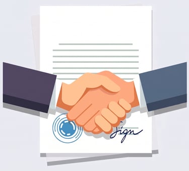 Apretón de manos de negocios sobre un contrato firmado con un sello oficial que simboliza un acuerdo