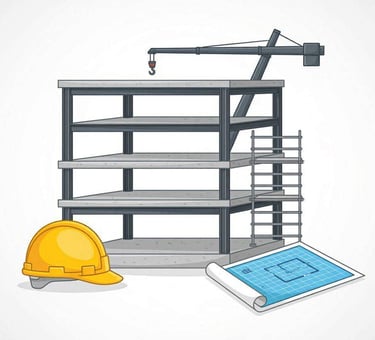 Ilustración de un sitio de construcción con la estructura de un edificio, una grúa, un casco