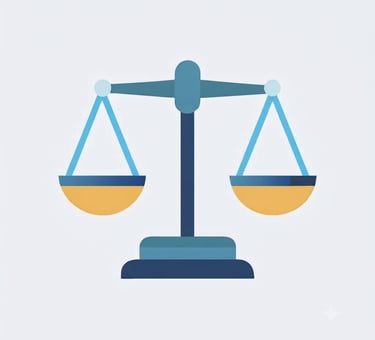 Un ícono de balanza de justicia azul y amarilla que representa la ley, la igualdad legal equilibrada