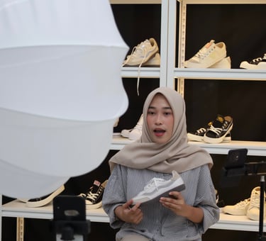 A woman in a hijab hosts a live stream product review of sneakers in a studio with professional lighting.