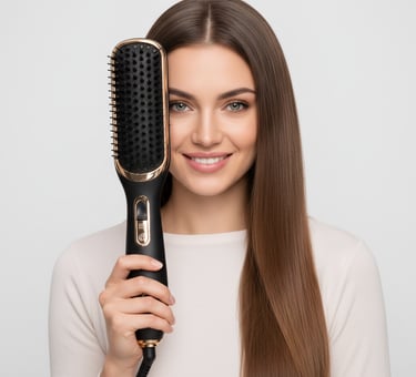 Studio portrait of a smiling woman with straight brown hair holding the black hair styling brush next to her face.