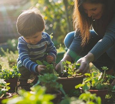 enfant accroupi au milieu des plantes avec une femme en train de jardiner
