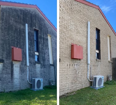 Before and after professional pressure washing of a dirty brick exterior wall.