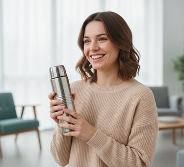 A portrait of a smiling young woman holding a silver thermos, set in a bright, modern interior environment.