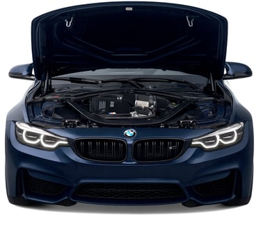 Blue BMW M4 with the hood up