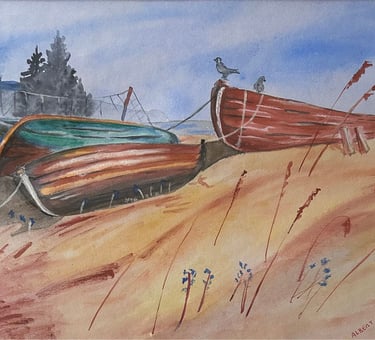 Original watercolor painting of fishing boats and nets on the shore