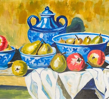 Original painting depicting fruit arranged with blue ceramic vessels on a tabletop.