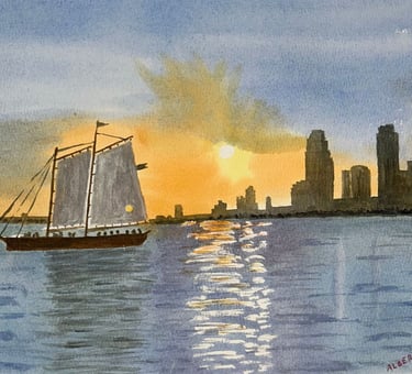 Original painting depicting the Hudson River at sunset with water and sky in warm light.