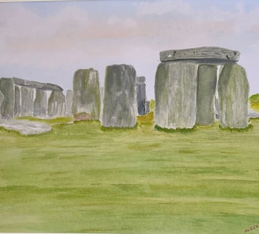Original painting depicting Stonehenge standing within an open landscape under a quiet sky.