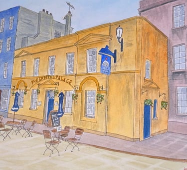 Original watercolor street scene of The Crystal Palace pub with warm yellow façade in Bath, England