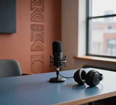 A professional and modern media studio interior in a North American / Urban Indigenous setting. The scene features a sleek slate blue desk with a high-end podcast microphone and professional headphones. In the background, there is a warm terracotta-colored accent wall with subtle cultural textures. The lighting is soft and natural, coming from a large window showing a blurred cityscape.