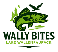 Wally Bites Lake Wallenpaupack fishing logo featuring a green walleye fish, pine trees, and an eagle.