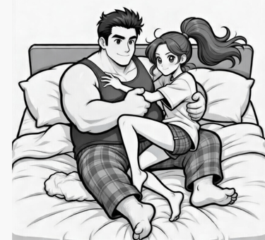 Large muscular male cartoon on bed with smaller female cartoon 