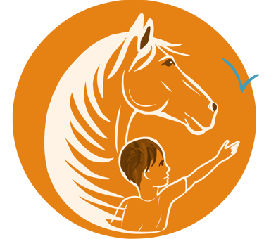 logo e'crin de vie. Cercle orange avec un cheval et un jeune garçon qui regardent vers l'avenir
