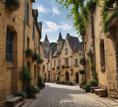 A close-up of a motorcycle parked near a picturesque village with charming architecture.