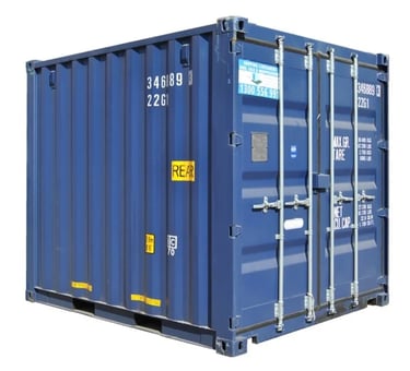 Blue 10ft shipping container for storage and transport, isolated on a white background.