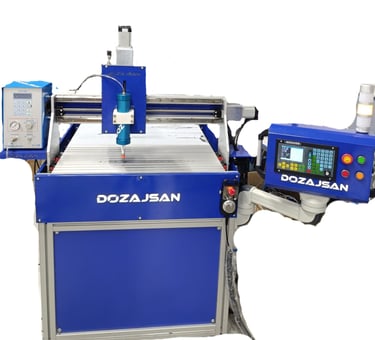 Dozajsan industrial CNC dispensing machine with automated control panel and blue metal frame.
