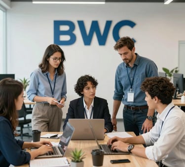A diverse group of professionals collaborating in a modern office setting.