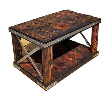 This product is manufactured to order. Metal, Wood And Epoxy  coffee table. Indoor & Outdoor.