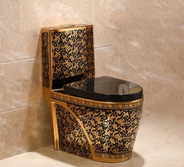 a toilet with a black and gold toilet seat cover
