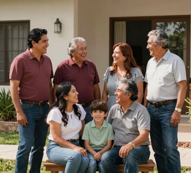 A multi-generational Mexican family, Latin American, laughing together in a sunlit garden of a modern home, representing stability and future, warm natural lighting, professional photography.