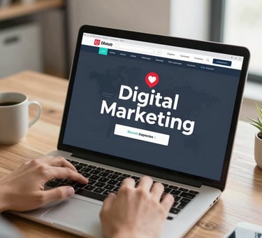 A vibrant team brainstorming digital marketing ideas around a laptop.